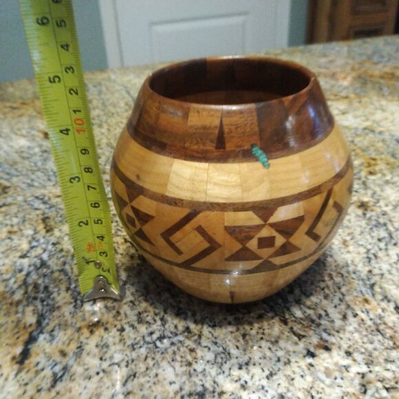 Wooden Turquoise Segmented Hand Crafted & Turned Round Bowl Artist Signed 3.5" - Picture 9 of 9